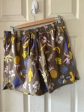 SAXX Brown Tropical Print Shorts with Yellow & Blue Accents. Lined